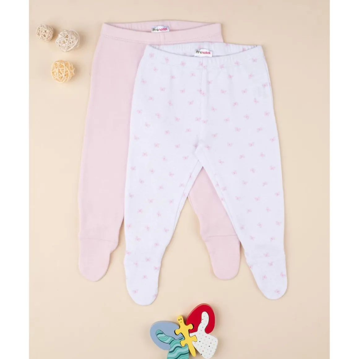 Pack 2 pantalones con pies de bebé niña en algodón