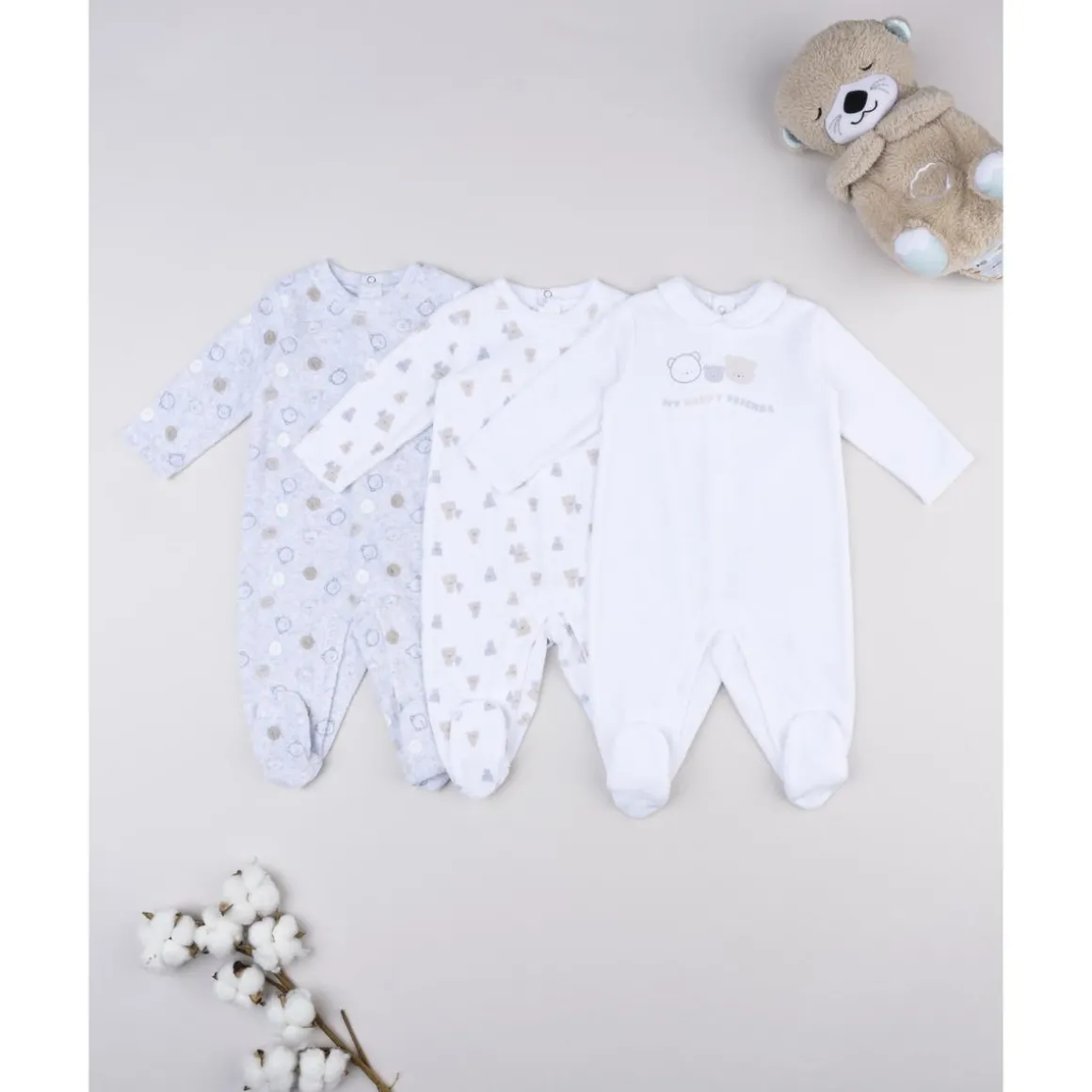 Pack 3 pijamas corredino para bebé con estampado de ositos