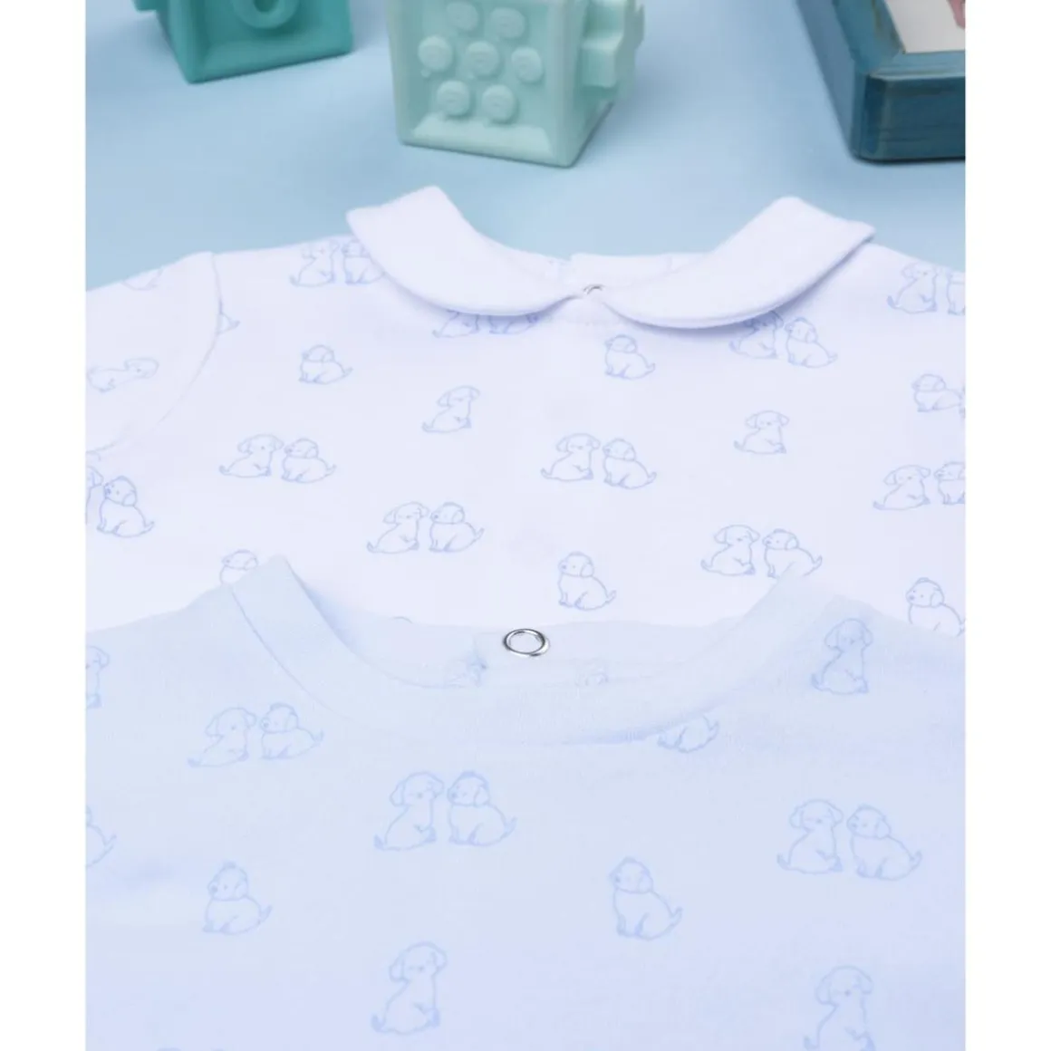 Pack 2 pijamas de bebé niño en terciopelo blanco y azul