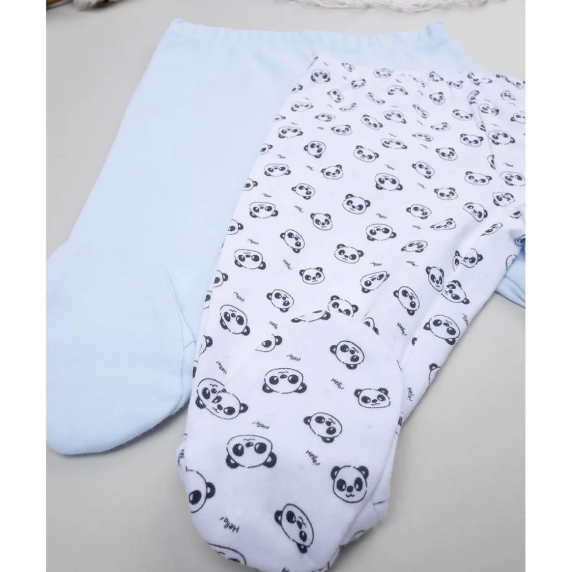 Pack 2 polainas azul y blanco con estampado de panda