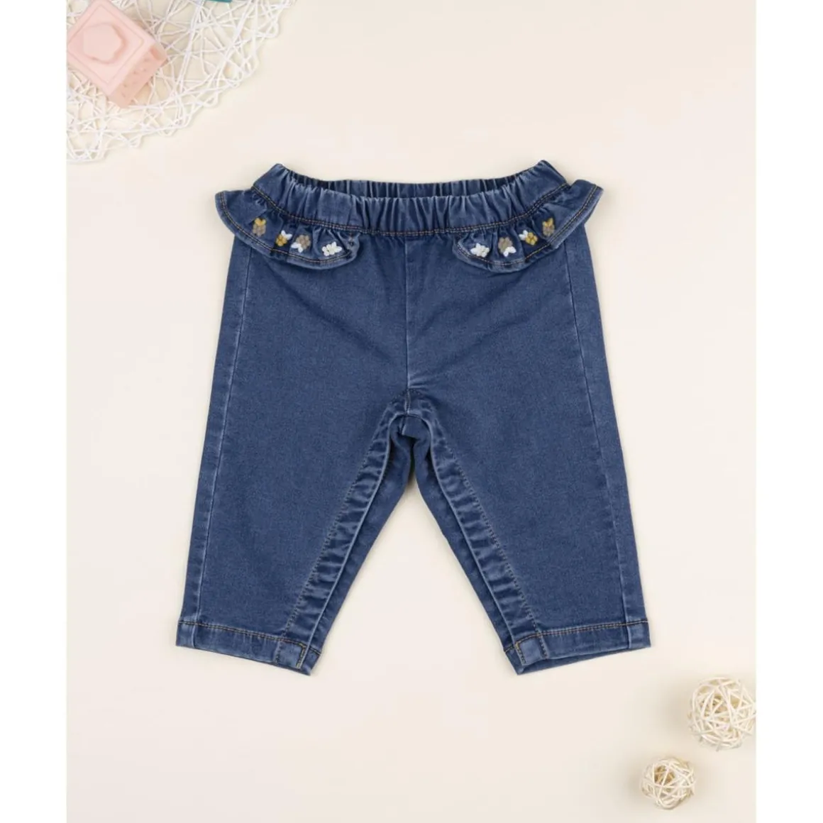 Pantalón niña denim con volantes