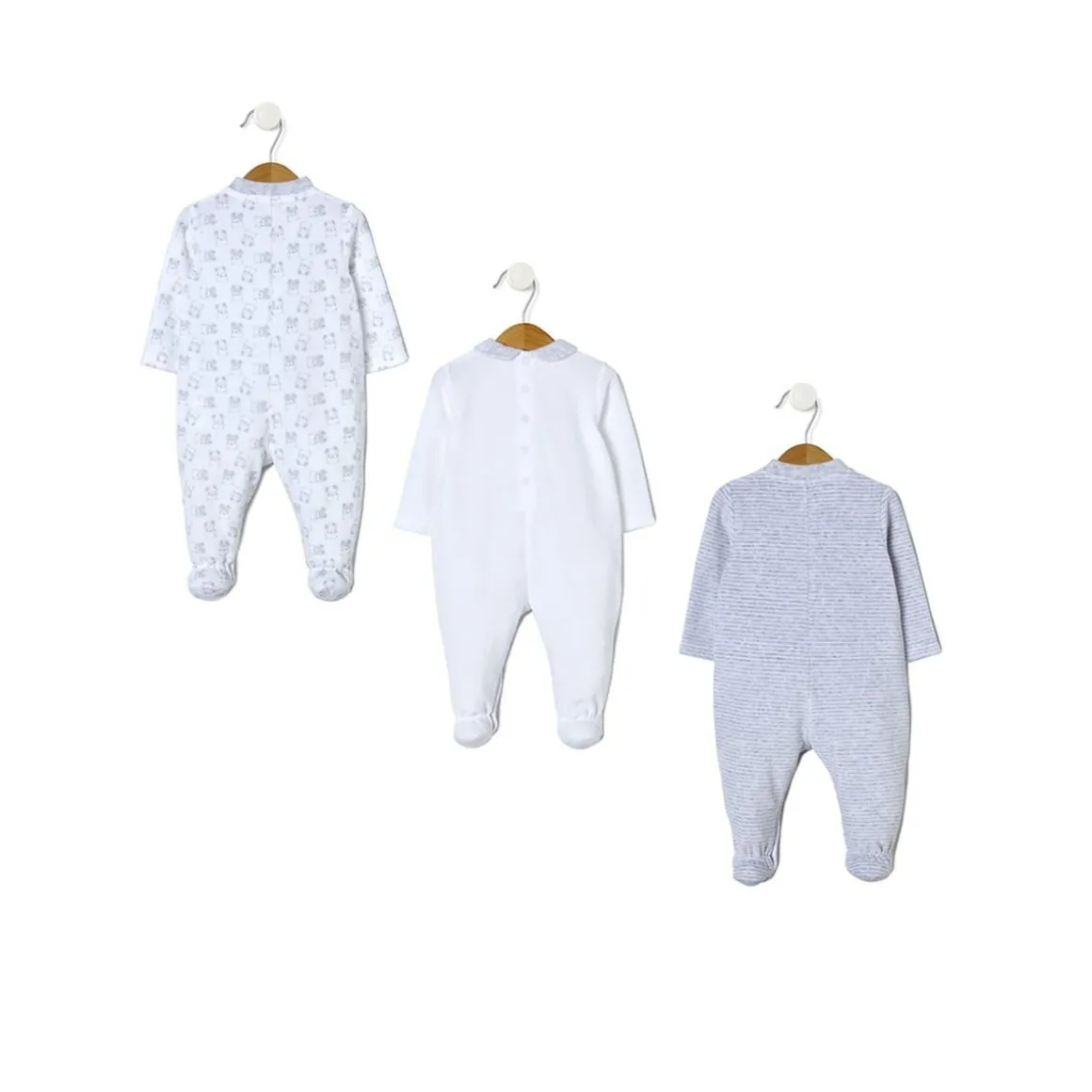 Paquete de 3 pijamas de terciopelo gris y crema