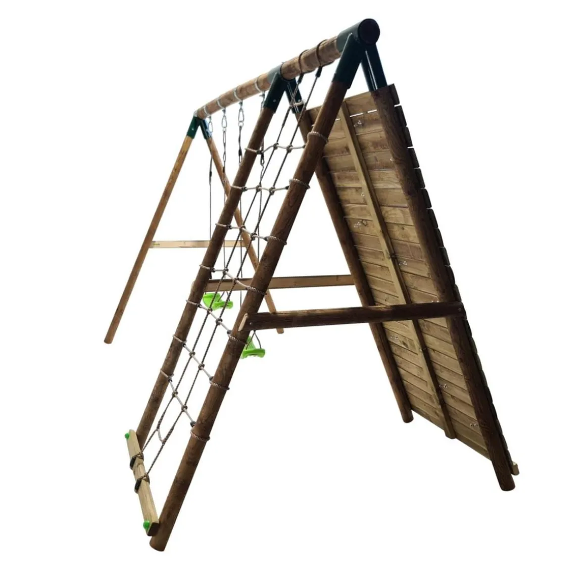 Parque infantil de madera columpios y escalada Timbu