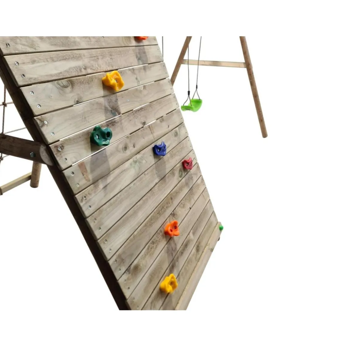 Parque infantil de madera columpios y escalada Timbu