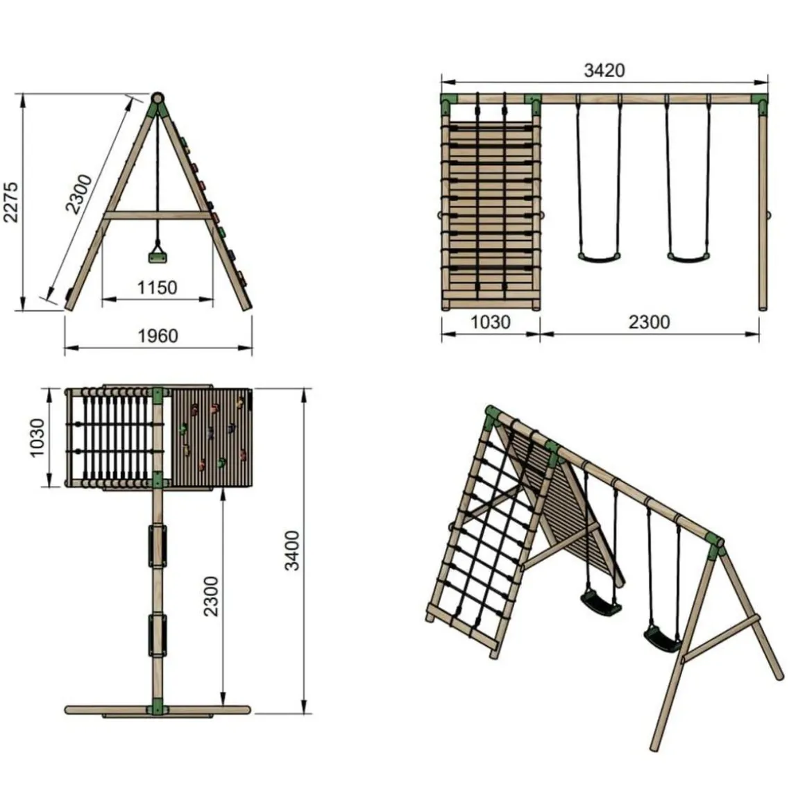 Parque infantil de madera columpios y escalada Timbu
