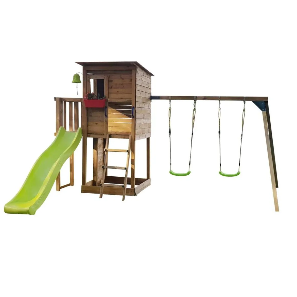 Parque juegos infantil de madera Taga escalada con columpio doble