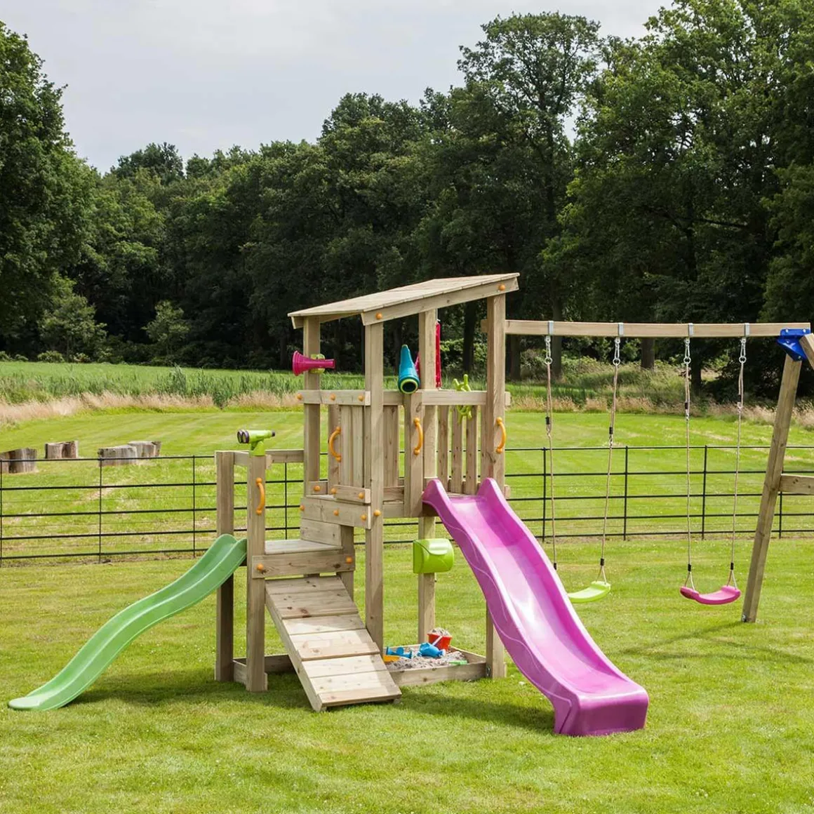 Parque juegos infantil de madera Cascade con columpio doble