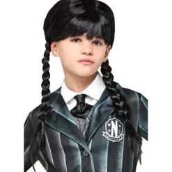 Peluca de Miércoles con trenzas y flequillo para disfraz de carnaval, Halloween y cosplay ㅤ