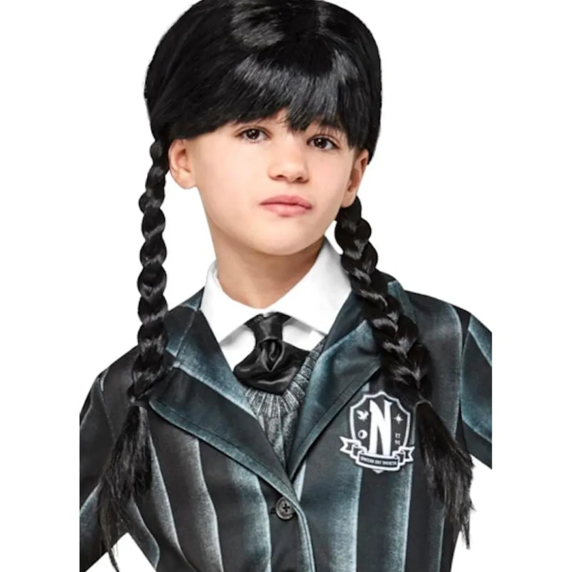 Peluca de Miércoles con trenzas y flequillo para disfraz de carnaval, Halloween y cosplay ㅤ