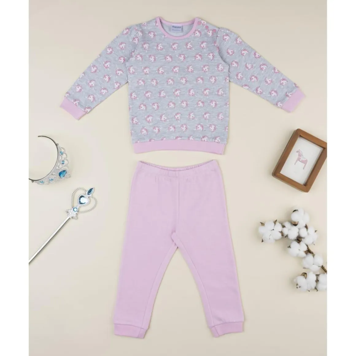 Pijama niña rosa y gris con unicornios