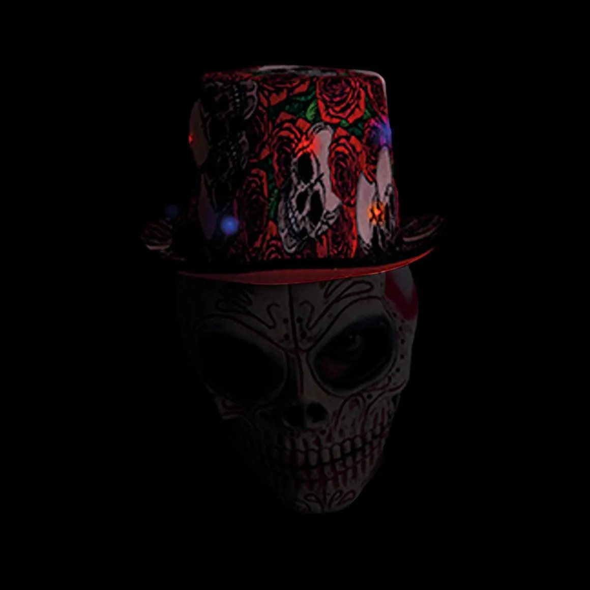 Sombrero de Copa Calaveras y Rosas con Luz